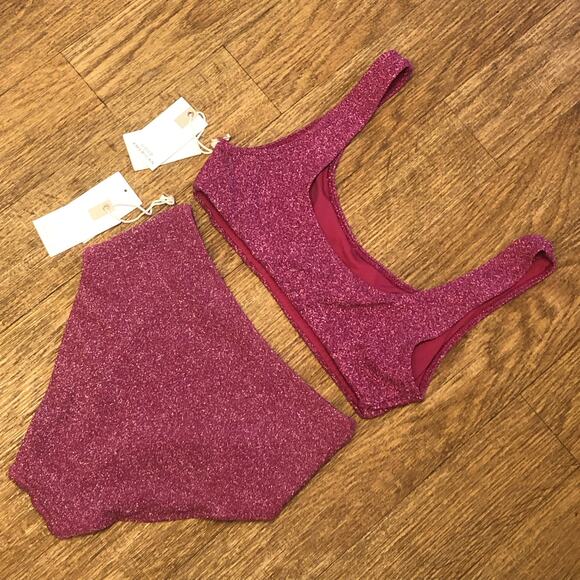 Good American Hawaiian Pink Sparkle Scoop Top and Swim Brief Bikini Set Size 2 - Picture 7 of 11